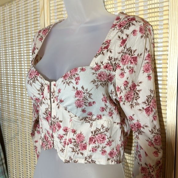 Windsor Thin Cropped Pink Roses Corset Top With Bra Cups Front Hooks Small - Picture 7 of 16